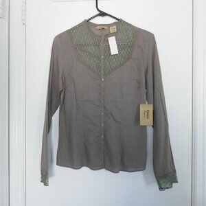 NWT olive green button down blouse with lace Quizz boho romantic size M